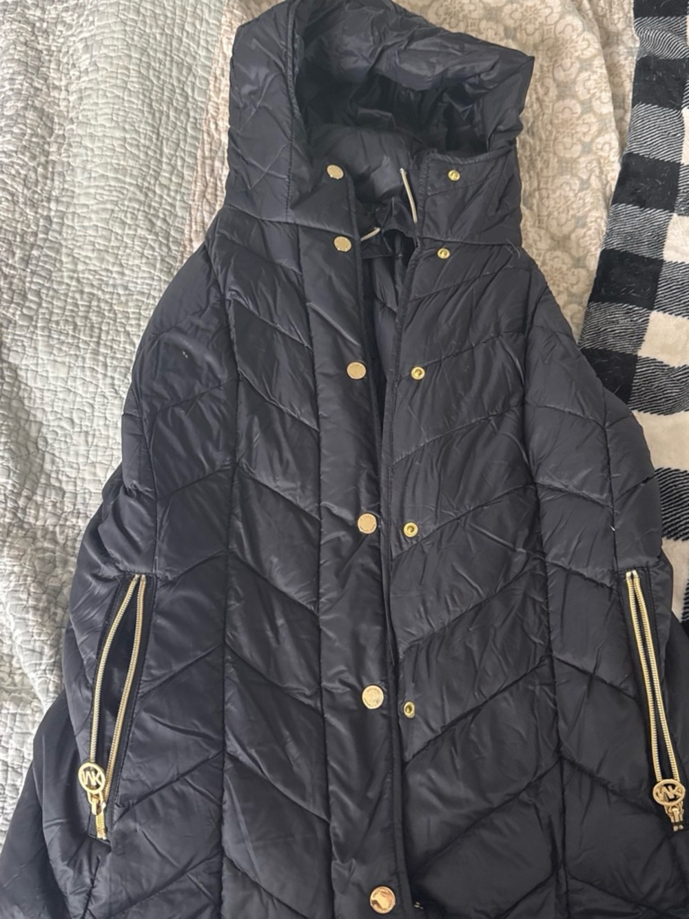 Michael Kors Black Quilted Hooded Puffer with Gold Hardware